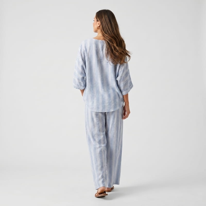 Dania Striped Woven Two-Piece Set – Batwing V-Neck Top Wide Leg Drawstring Relaxed Outfit