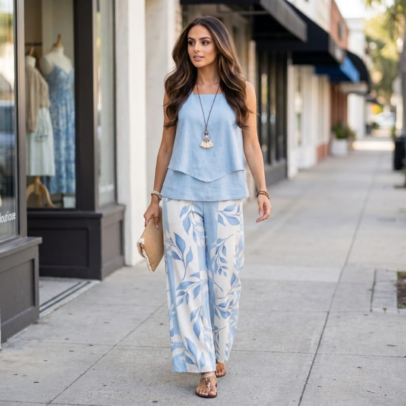 Anne Striped Linen Two-Piece Set – Square Neck Sleeveless Top Wide Leg Trouser Casual Outfit