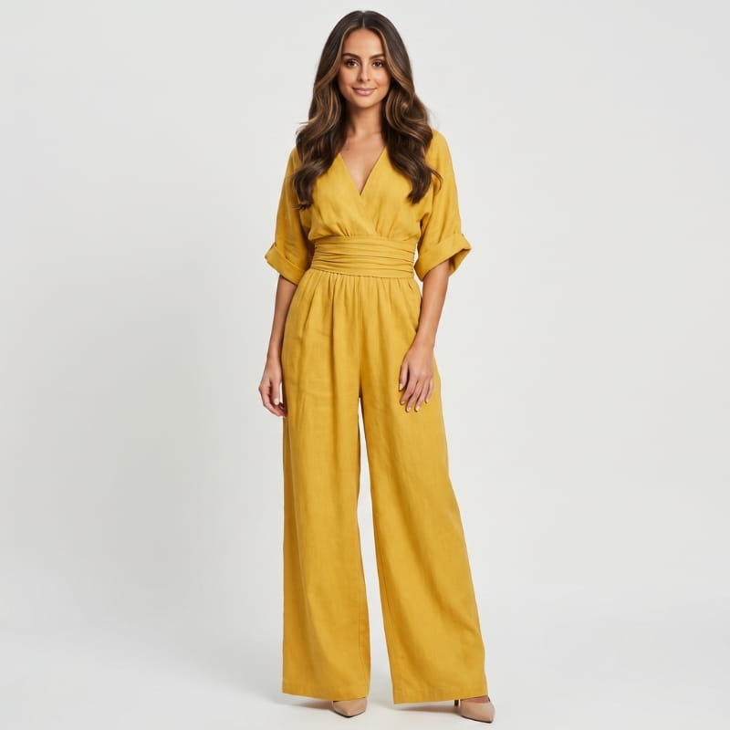 Selene Woven Wide Leg Jumpsuit – Deep V-Neck Obi Waist Dolman Sleeve Elegant Casual Outfit