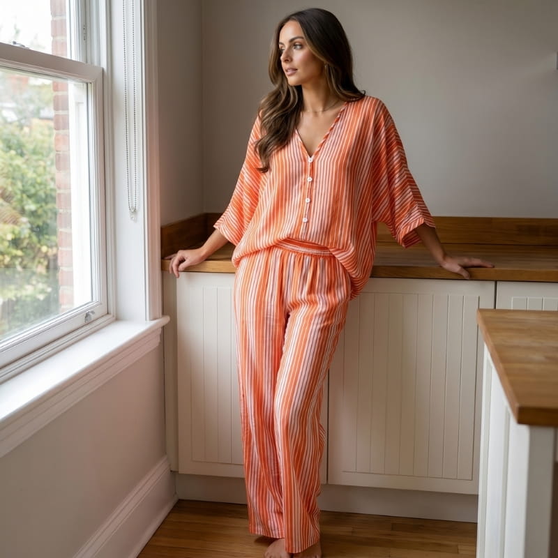 Dania Striped Woven Two-Piece Set – Batwing V-Neck Top Wide Leg Drawstring Relaxed Outfit