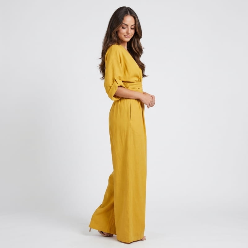 Selene Woven Wide Leg Jumpsuit – Deep V-Neck Obi Waist Dolman Sleeve Elegant Casual Outfit