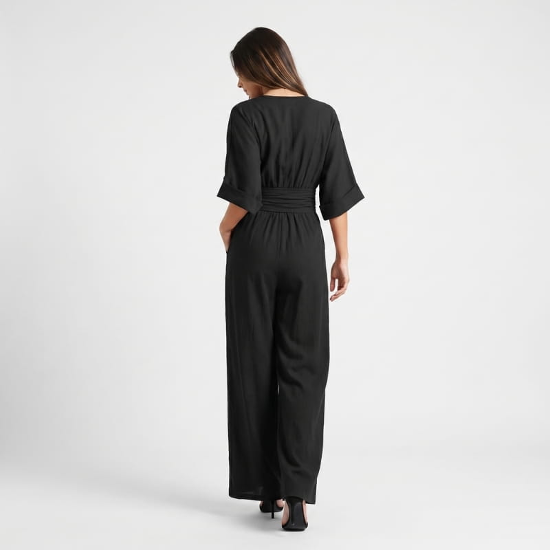 Selene Woven Wide Leg Jumpsuit – Deep V-Neck Obi Waist Dolman Sleeve Elegant Casual Outfit