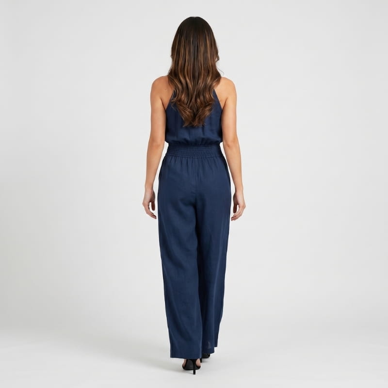 Lorena Linen Halter Neck Jumpsuit – Smocked Waist Wide Leg Sleeveless Boho Casual Outfit