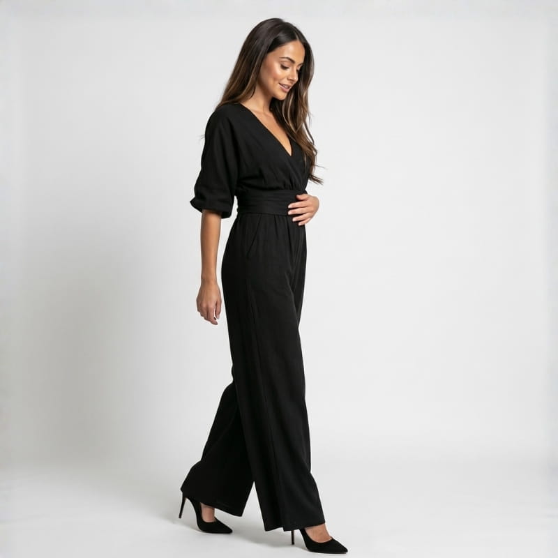 Selene Woven Wide Leg Jumpsuit – Deep V-Neck Obi Waist Dolman Sleeve Elegant Casual Outfit
