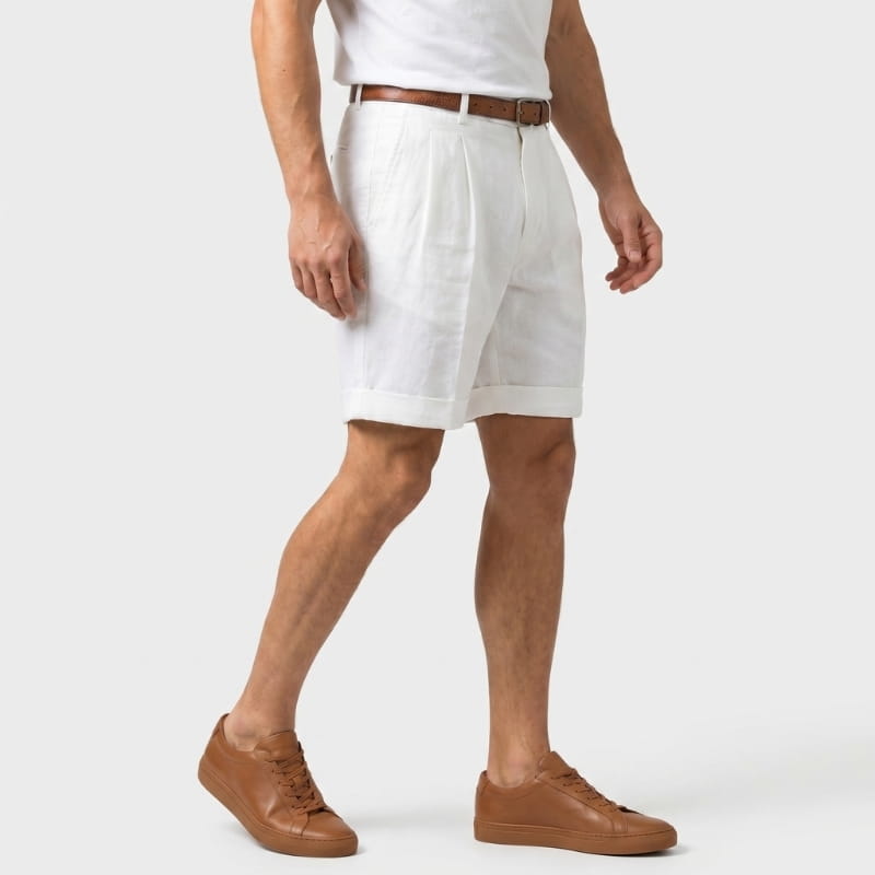 Luca Linen Pleated Shorts – Double Pleat Belt Loop Rolled Cuff Relaxed Smart Casual Bottoms