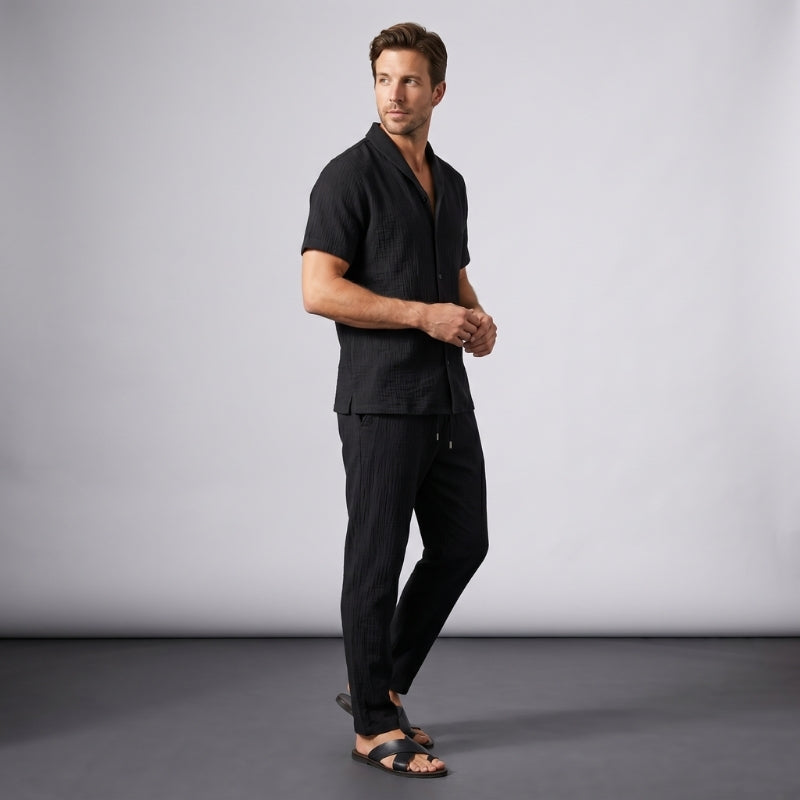 Paolo Crinkle Linen Two-Piece Set – V-Neck Wrap Top Drawstring Tapered Trouser Casual Outfit