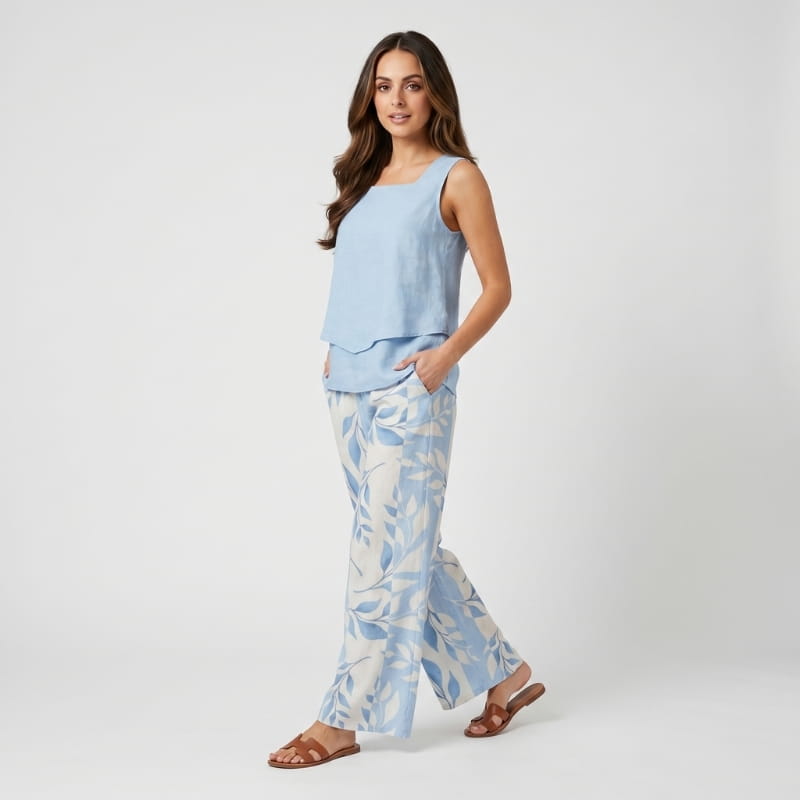Anne Striped Linen Two-Piece Set – Square Neck Sleeveless Top Wide Leg Trouser Casual Outfit