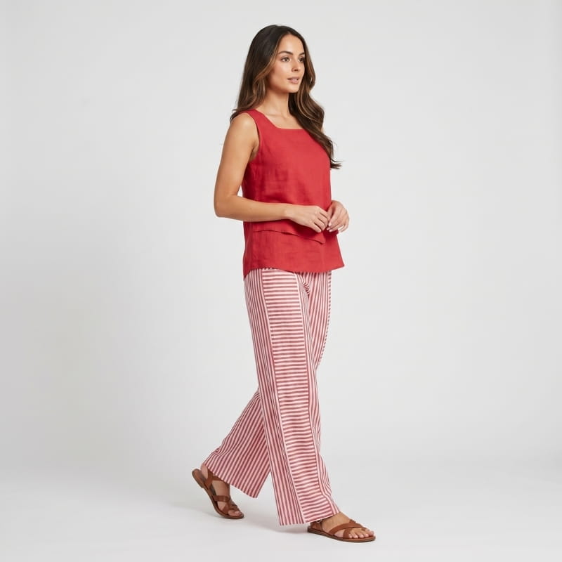 Anne Striped Linen Two-Piece Set – Square Neck Sleeveless Top Wide Leg Trouser Casual Outfit