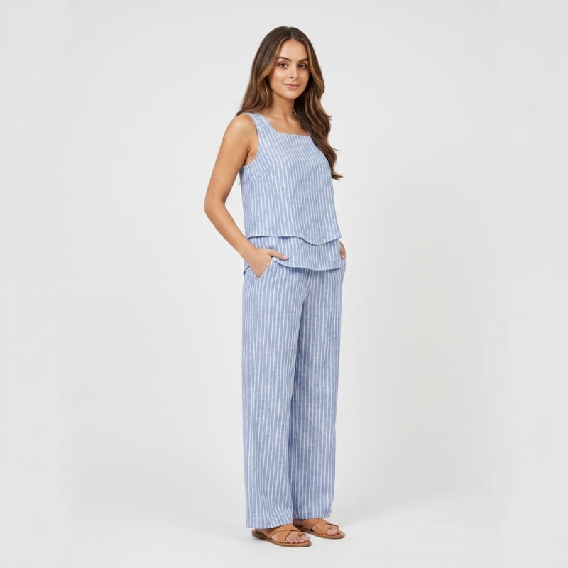 Anne Striped Linen Two-Piece Set – Square Neck Sleeveless Top Wide Leg Trouser Casual Outfit