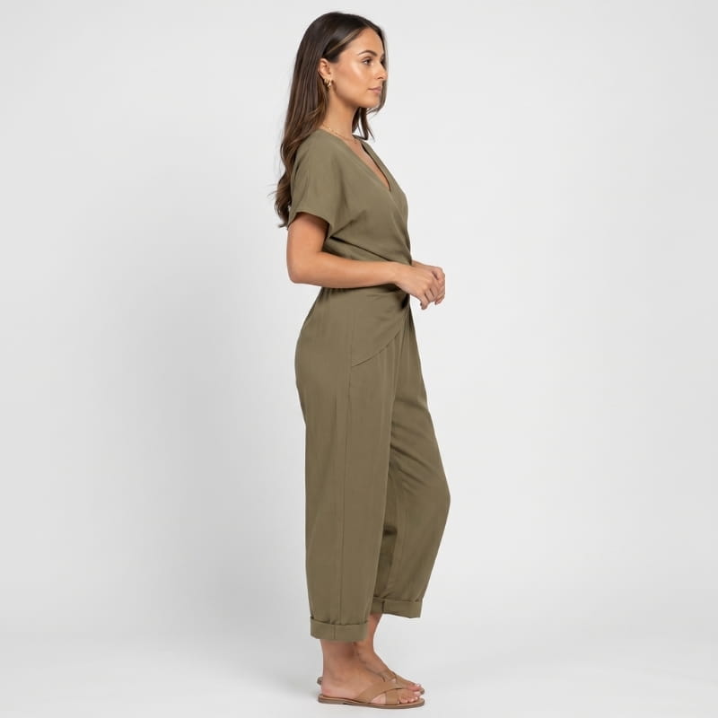 Liora Draped V-Neck Jumpsuit – Crossover Twist Waist Cropped Wide Leg Relaxed Summer Outfit