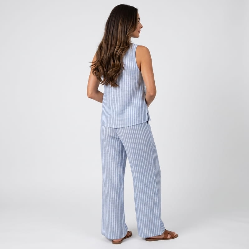 Anne Striped Linen Two-Piece Set – Square Neck Sleeveless Top Wide Leg Trouser Casual Outfit