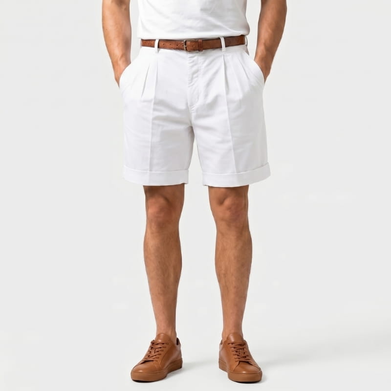 Luca Linen Pleated Shorts – Double Pleat Belt Loop Rolled Cuff Relaxed Smart Casual Bottoms