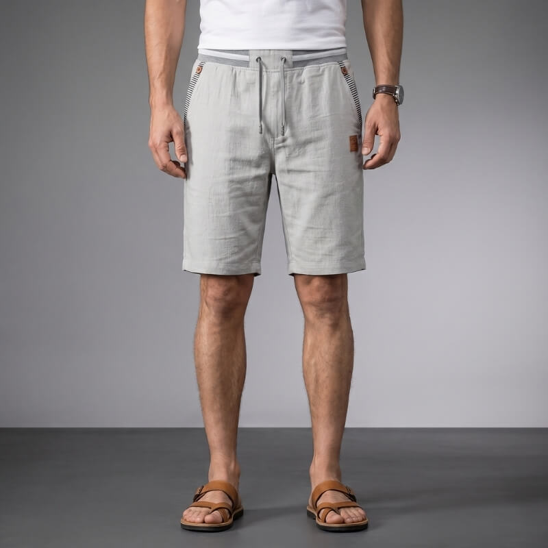 Flavio Cotton Linen Shorts – Elastic Waist Drawstring Stripe Detail Casual Summer Trousers