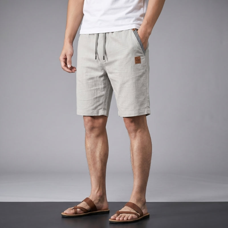 Flavio Cotton Linen Shorts – Elastic Waist Drawstring Stripe Detail Casual Summer Trousers
