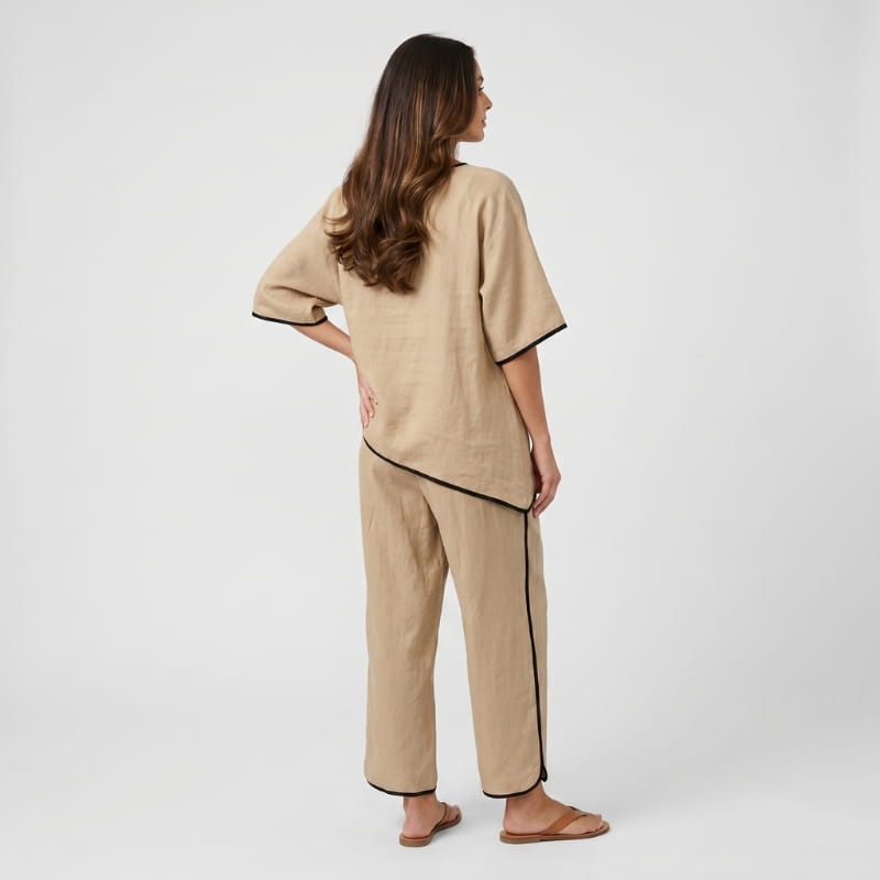 Alona Contrast Trim Linen Two-Piece Set – Round Neck Oversized Top Cropped Wide Leg Outfit