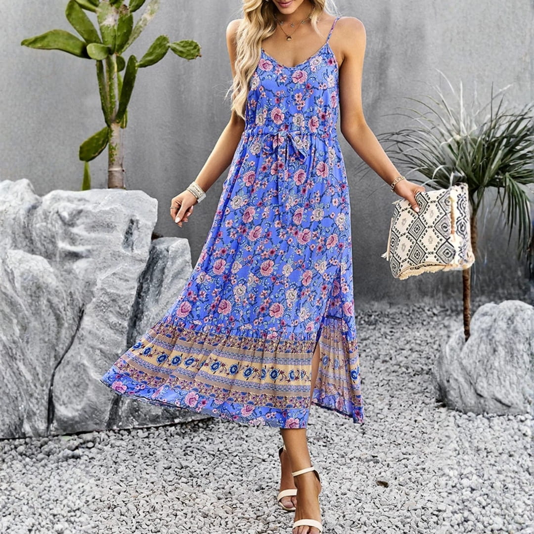 Mary Floral V-Neck Midi Dress – Spaghetti Strap Flowing Summer Silhouette