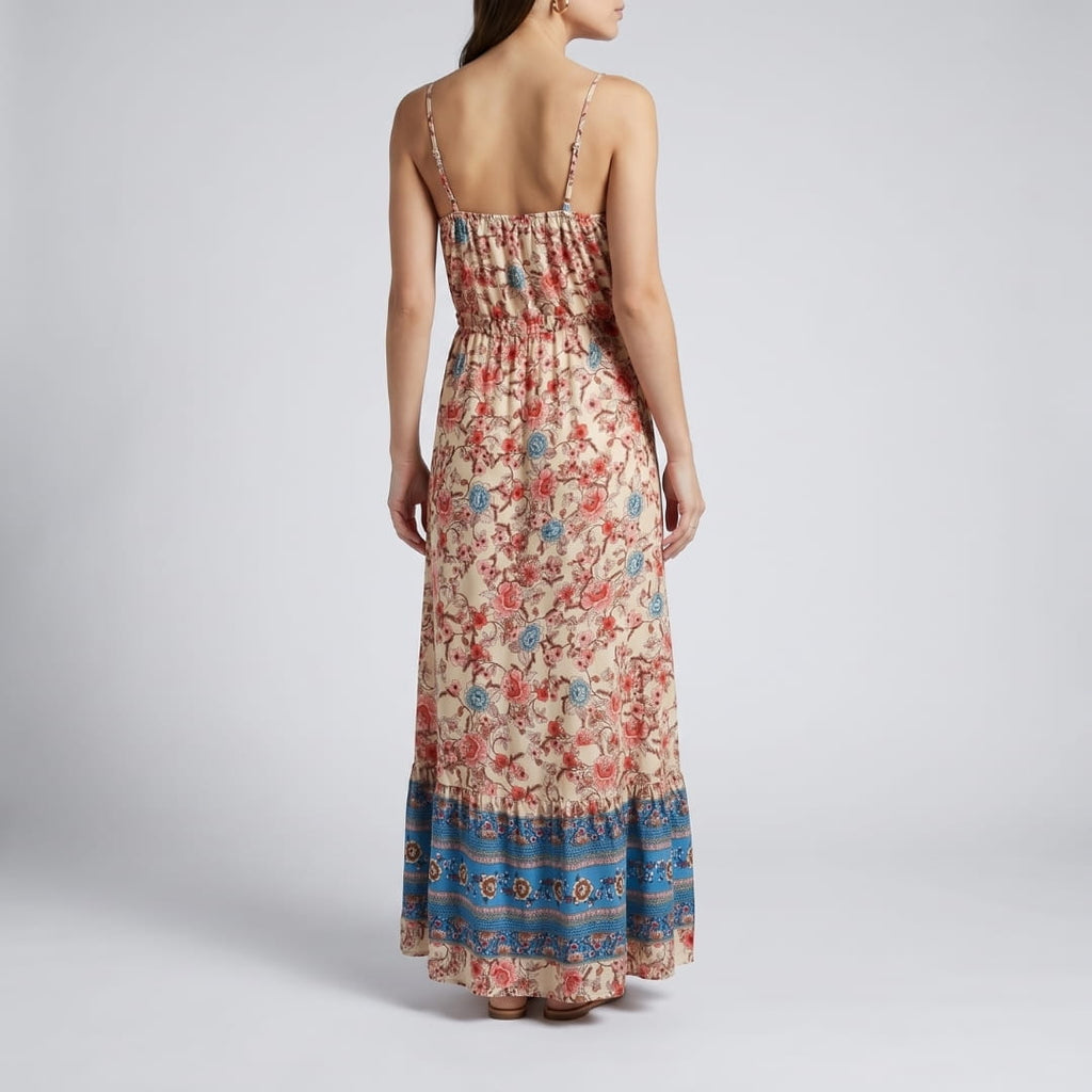 Mary Floral V-Neck Midi Dress – Spaghetti Strap Flowing Summer Silhouette