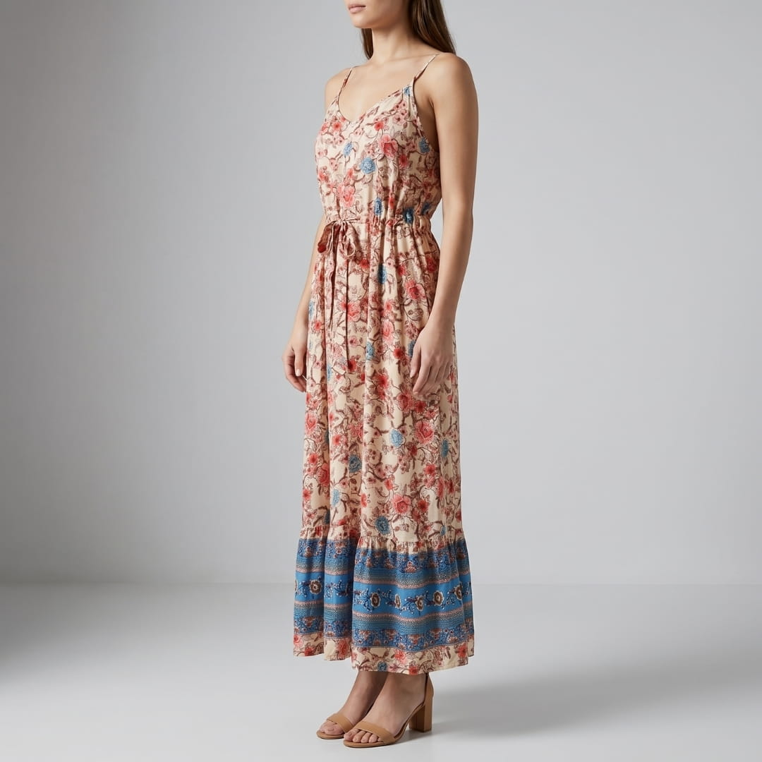 Mary Floral V-Neck Midi Dress – Spaghetti Strap Flowing Summer Silhouette