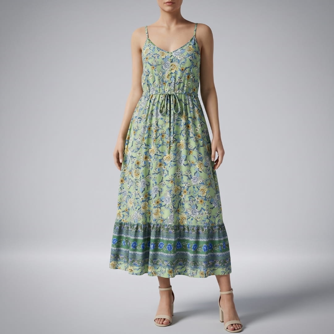 Mary Floral V-Neck Midi Dress – Spaghetti Strap Flowing Summer Silhouette