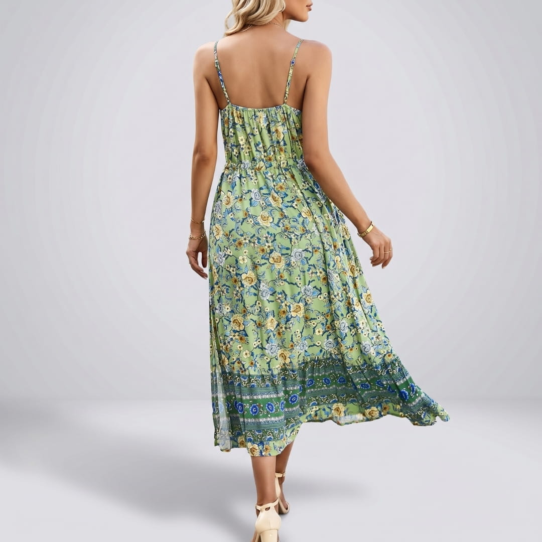 Mary Floral V-Neck Midi Dress – Spaghetti Strap Flowing Summer Silhouette
