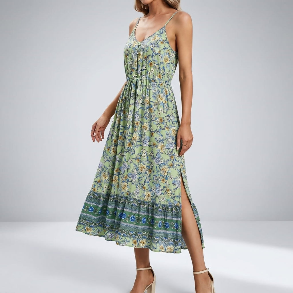 Mary Floral V-Neck Midi Dress – Spaghetti Strap Flowing Summer Silhouette