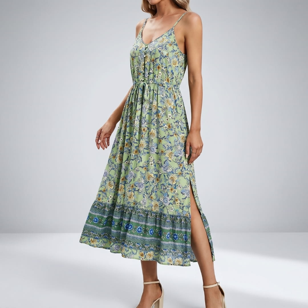 Mary Floral V-Neck Midi Dress – Spaghetti Strap Flowing Summer Silhouette