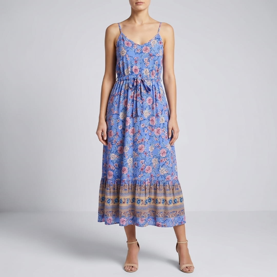 Mary Floral V-Neck Midi Dress – Spaghetti Strap Flowing Summer Silhouette