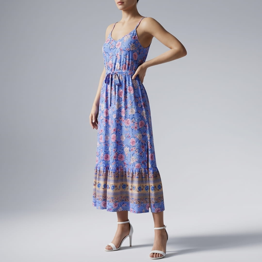 Mary Floral V-Neck Midi Dress – Spaghetti Strap Flowing Summer Silhouette