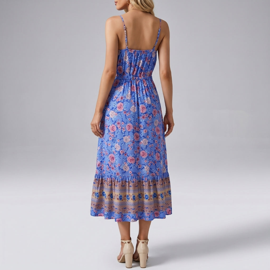 Mary Floral V-Neck Midi Dress – Spaghetti Strap Flowing Summer Silhouette