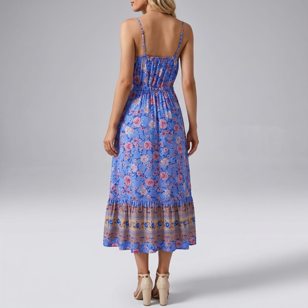 Mary Floral V-Neck Midi Dress – Spaghetti Strap Flowing Summer Silhouette
