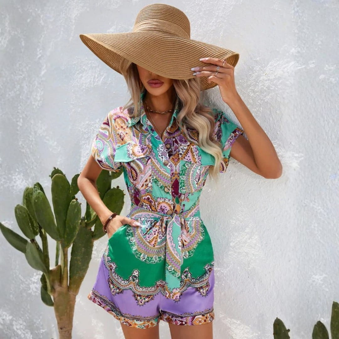 Sienna Ethnic Print Short Sleeve Boho Jumpsuit – Lightweight Summer Romper