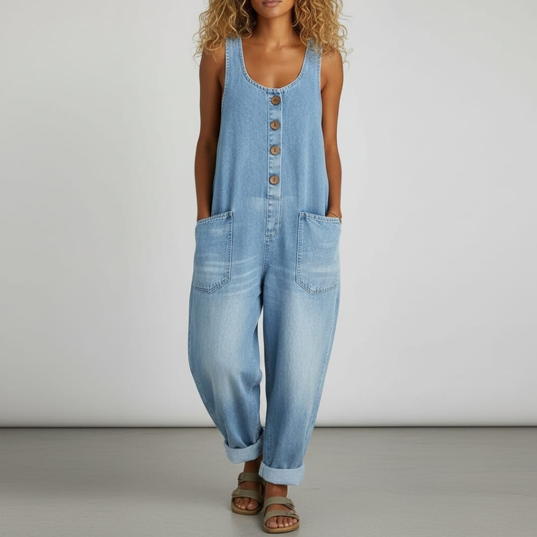 Jane Cotton Denim Wide Leg Overalls – Relaxed Adjustable Casual Jumpsuit