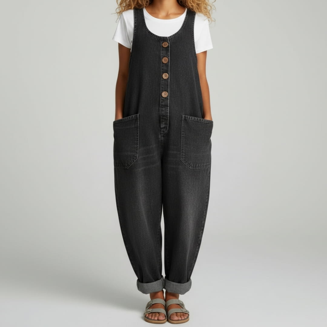 Jane Cotton Denim Wide Leg Overalls – Relaxed Adjustable Casual Jumpsuit