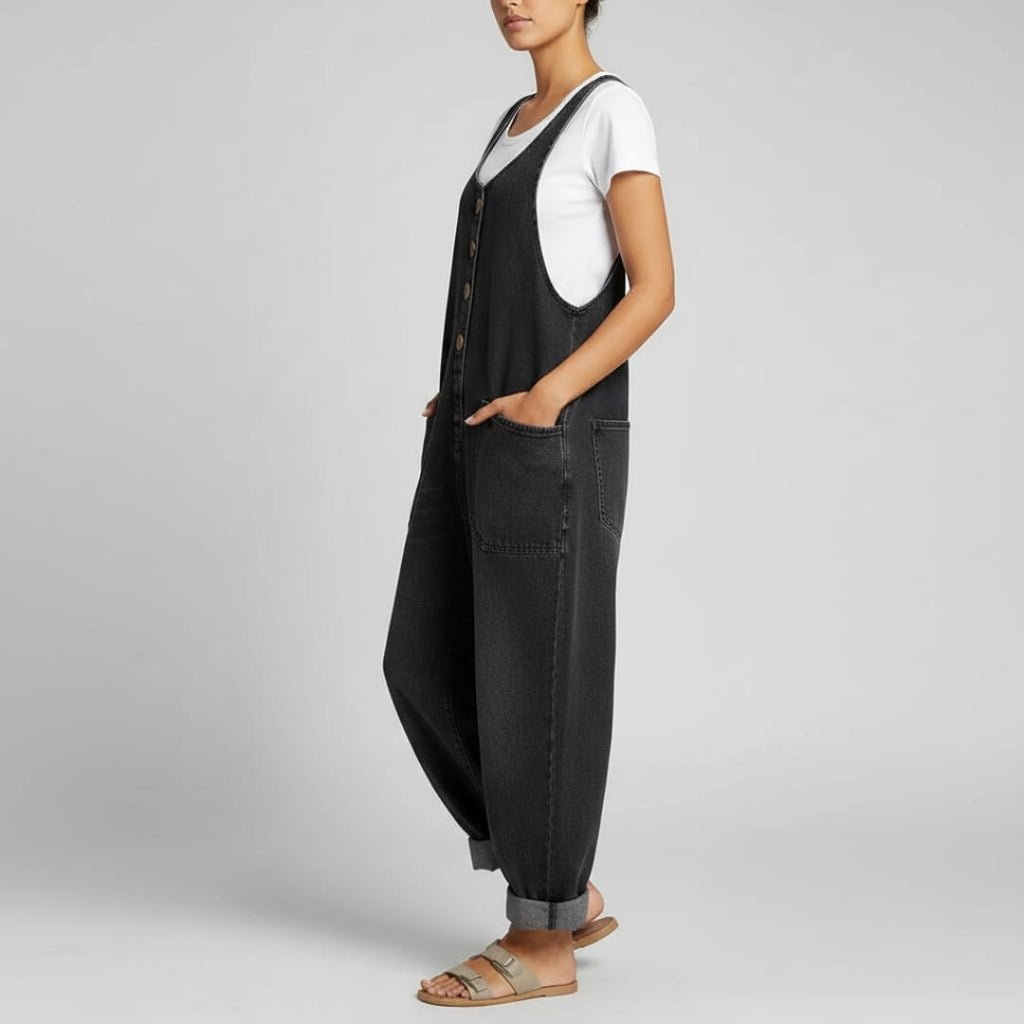 Jane Cotton Denim Wide Leg Overalls – Relaxed Adjustable Casual Jumpsuit