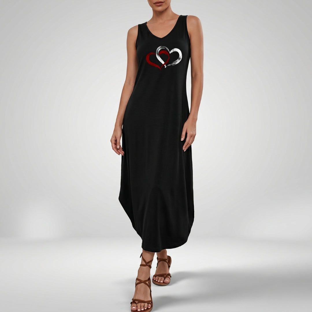 Eleanor Heart Print Sleeveless Maxi Dress – V-Neck Relaxed Summer Silhouette