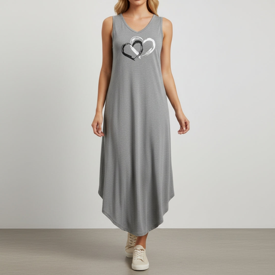 Eleanor Heart Print Sleeveless Maxi Dress – V-Neck Relaxed Summer Silhouette