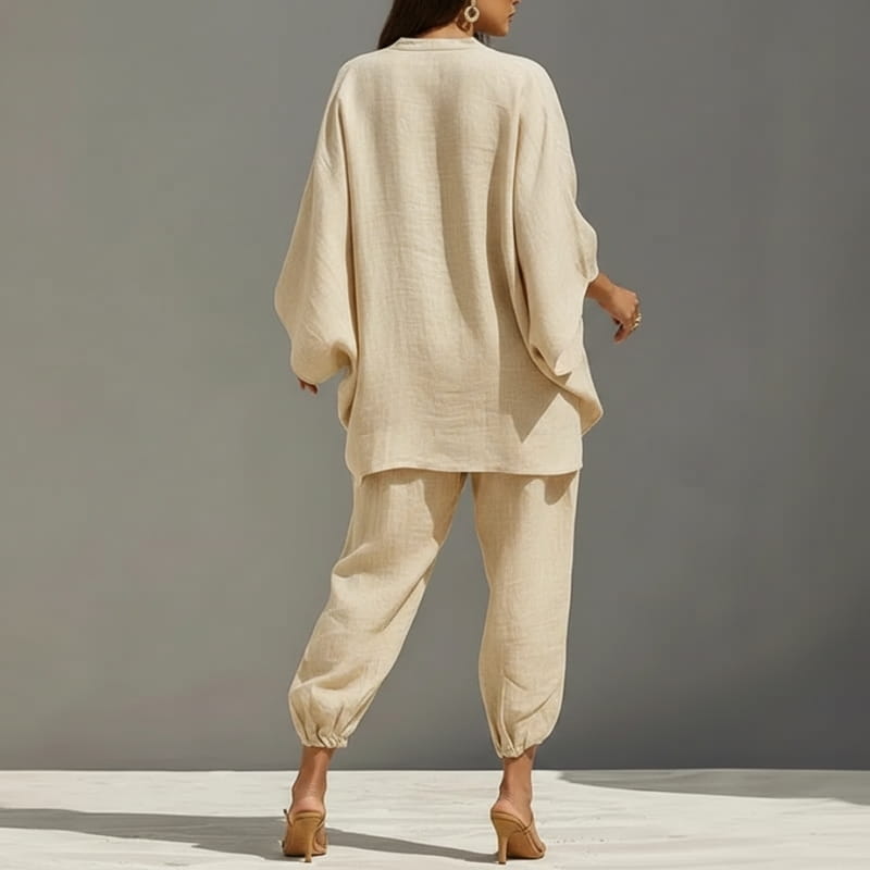 Aria Batwing Sleeve Cotton Linen Two-Piece Set – Relaxed Draped Casual Matching Outfit