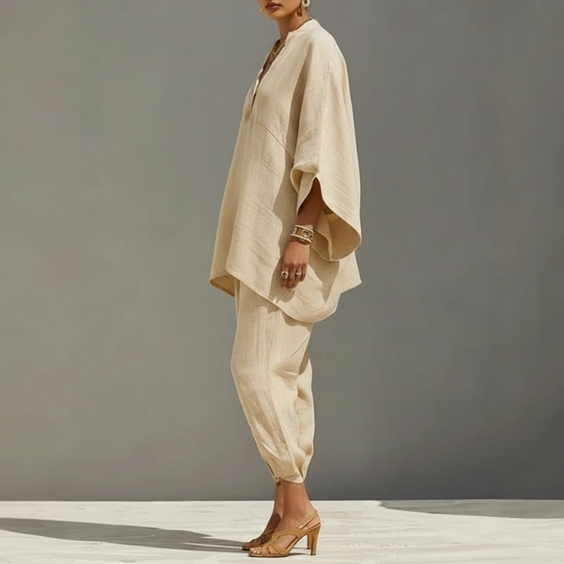 Aria Batwing Sleeve Cotton Linen Two-Piece Set – Relaxed Draped Casual Matching Outfit