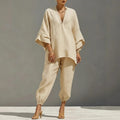Aria Batwing Sleeve Cotton Linen Two-Piece Set – Relaxed Draped Casual Matching Outfit