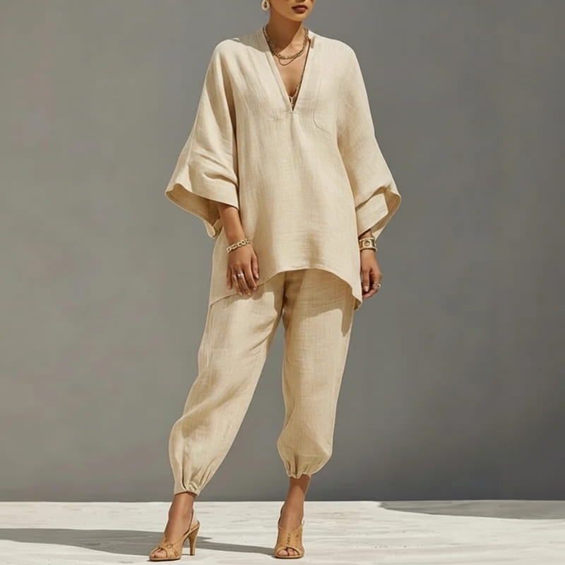 Aria Batwing Sleeve Cotton Linen Two-Piece Set – Relaxed Draped Casual Matching Outfit