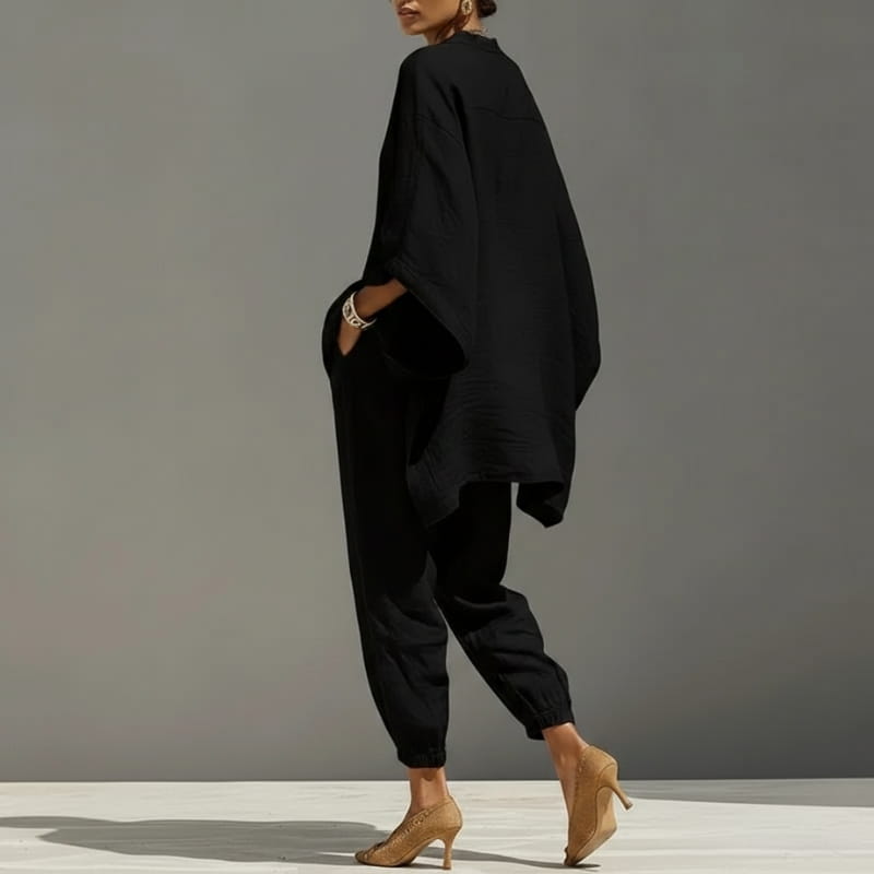 Aria Batwing Sleeve Cotton Linen Two-Piece Set – Relaxed Draped Casual Matching Outfit