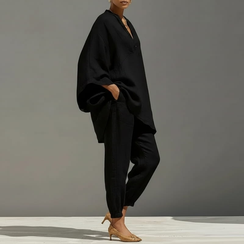 Aria Batwing Sleeve Cotton Linen Two-Piece Set – Relaxed Draped Casual Matching Outfit