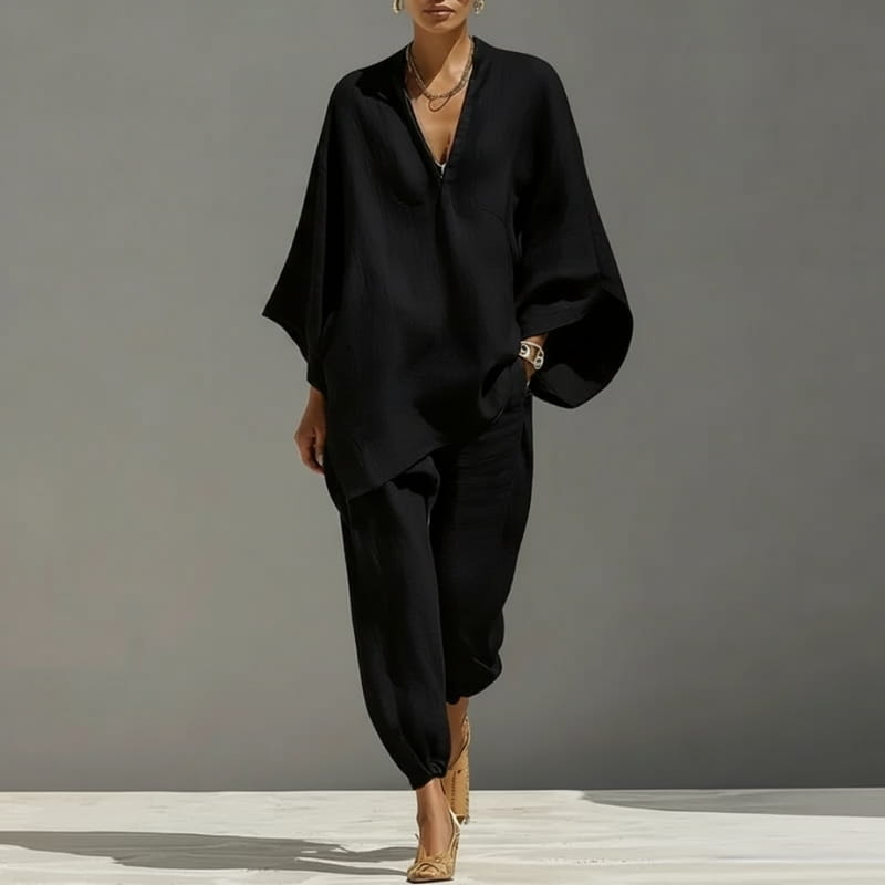 Aria Batwing Sleeve Cotton Linen Two-Piece Set – Relaxed Draped Casual Matching Outfit