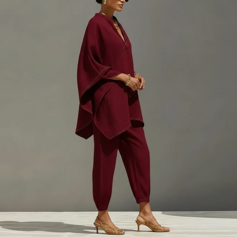 Aria Batwing Sleeve Cotton Linen Two-Piece Set – Relaxed Draped Casual Matching Outfit