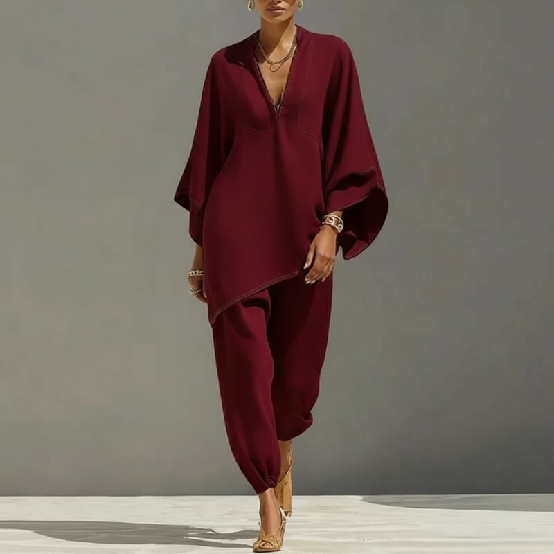 Aria Batwing Sleeve Cotton Linen Two-Piece Set – Relaxed Draped Casual Matching Outfit