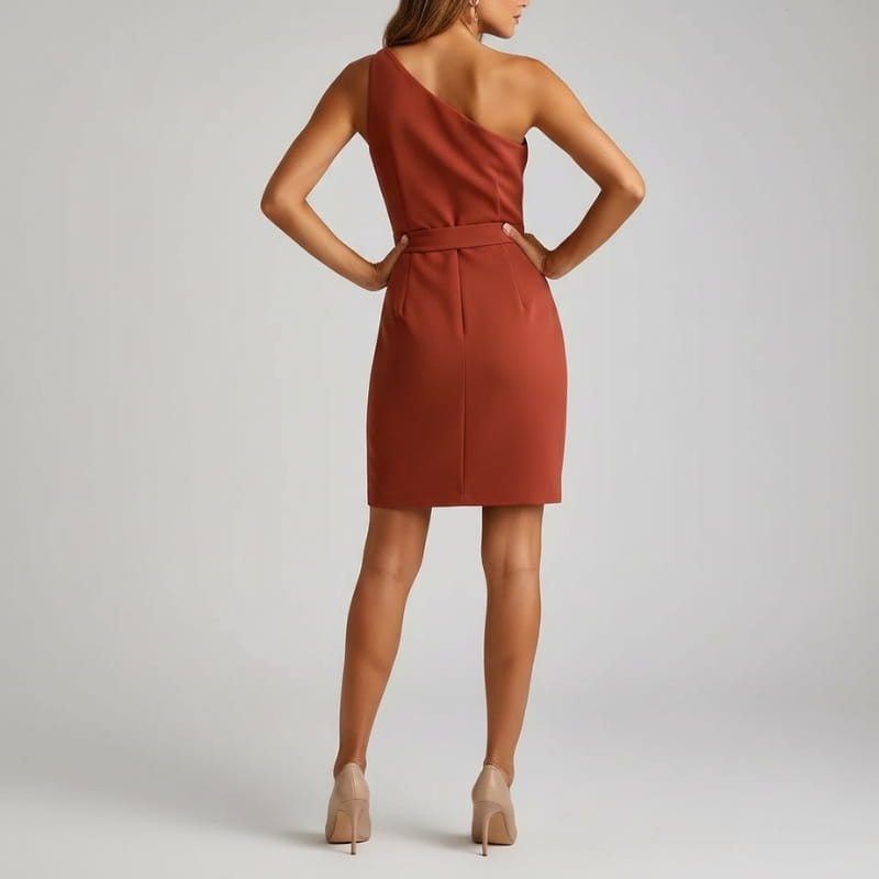 Donna One-Shoulder Draped Waist Mini Dress – Structured Fitted Cocktail Evening Dress