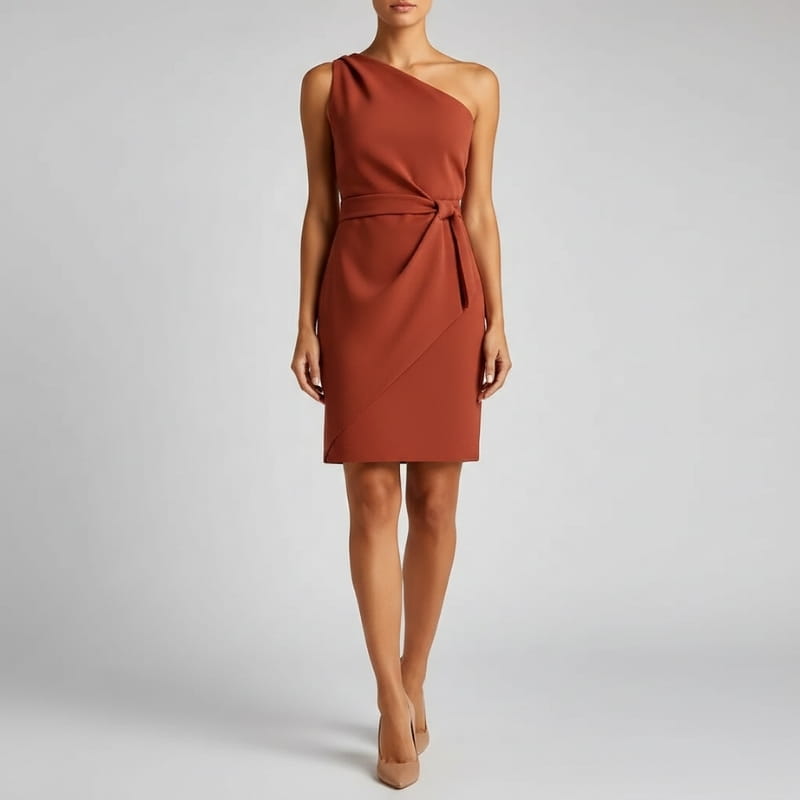 Donna One-Shoulder Draped Waist Mini Dress – Structured Fitted Cocktail Evening Dress