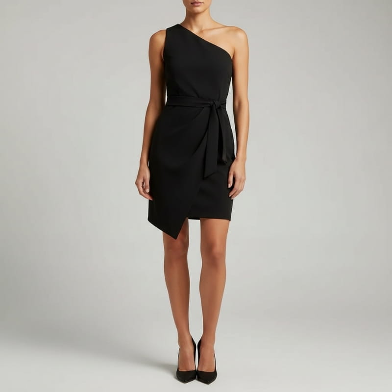 Donna One-Shoulder Draped Waist Mini Dress – Structured Fitted Cocktail Evening Dress