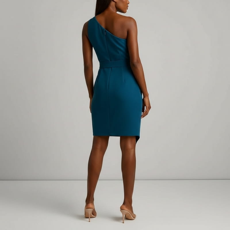 Donna One-Shoulder Draped Waist Mini Dress – Structured Fitted Cocktail Evening Dress