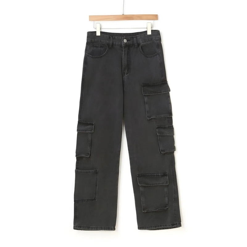 Jenny High Waist Acid Wash Utility Cargo Pants – Modern Wide Leg Street Trousers